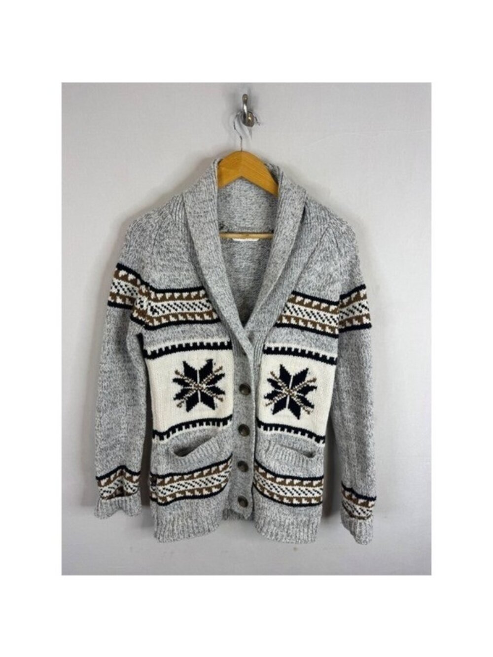 Bluenotes Women Grey Fair Isle Snowflake Shawl Collar CowichanCardigan Sweater S
